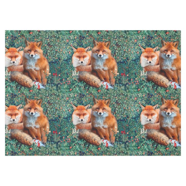 RED FOXES AMONG GREENERY, FOLIAGE AND FLOWERS TABLECLOTH (Front (Horizontal))