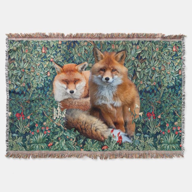 RED FOXES AMONG GREENERY, FOLIAGE AND FLOWERS THROW BLANKET (Front)