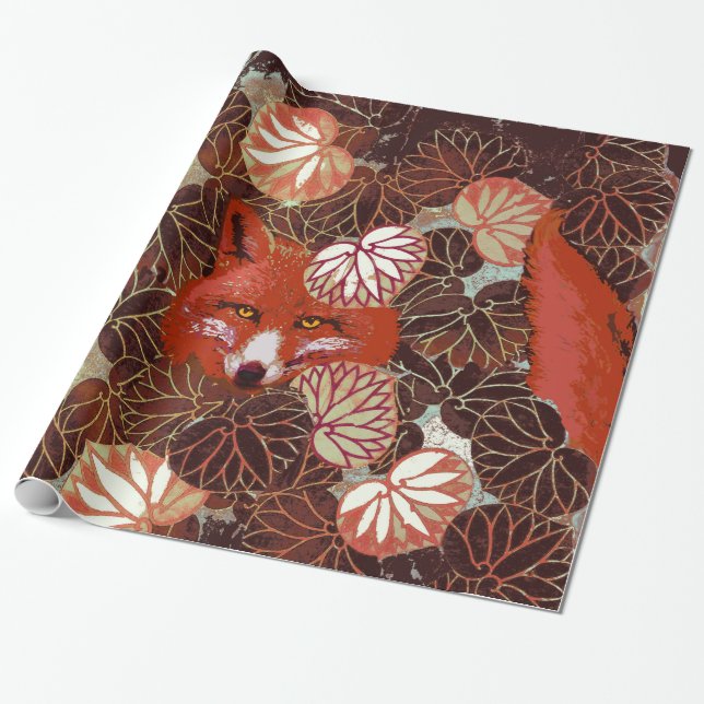 RED FOXES AMONG WHITE LEAVES AND FOLIAGE WRAPPING PAPER (Unrolled)