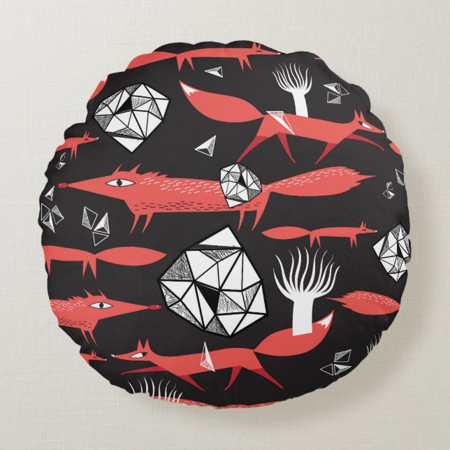 Red Foxes: Dark Background Seamless. Round Cushion (Front)