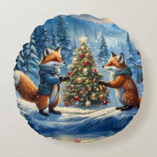 Red Foxes Holiday Design By Rich AMeN Gill Round Cushion