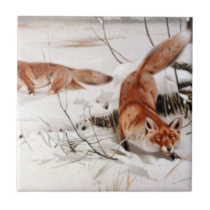Red Foxes in the Winter Snow (by Wilhelm Kuhnert) Ceramic Tile