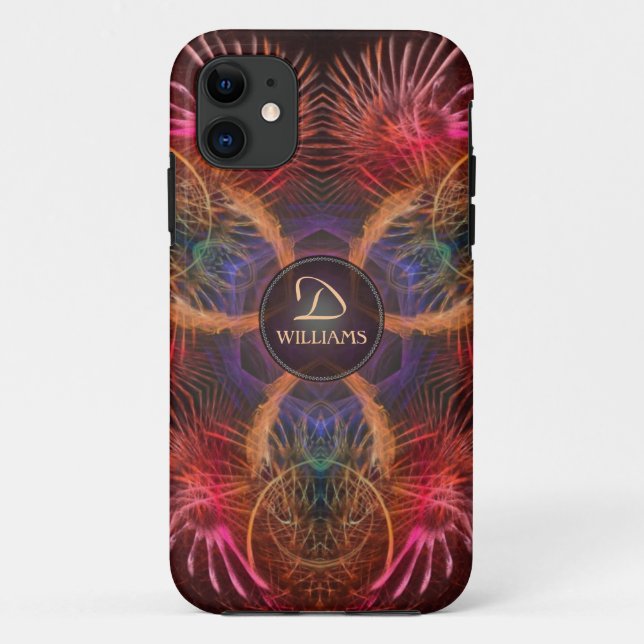 Red Fractal Art Feathers Custom Monogram Name Case-Mate iPhone Case (Back)