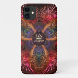 Red Fractal Art Feathers Custom Monogram Name iPhone 11 Case