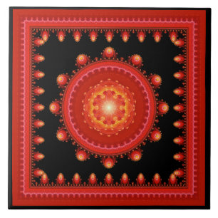 Red fractal oriental framed pattern ceramic tile