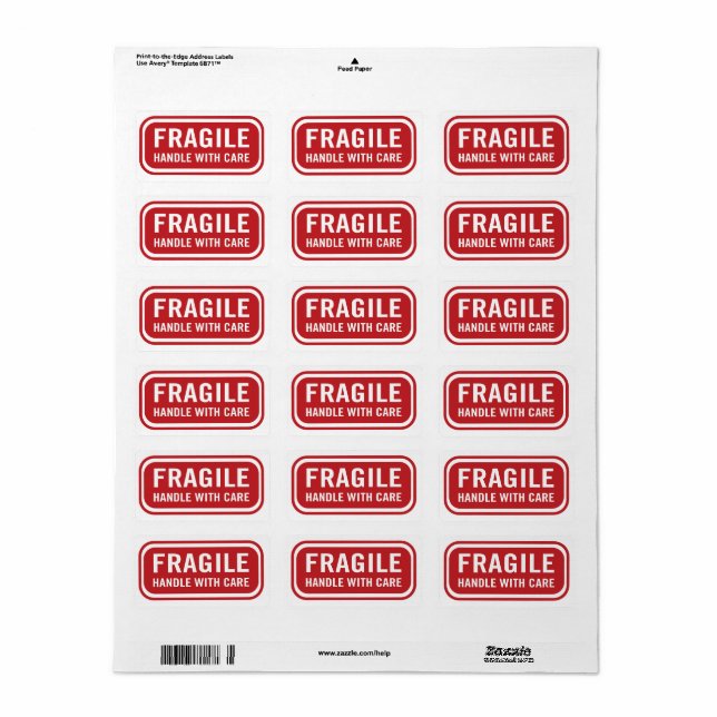Red Fragile Handle with Care Mailing Label (Full Sheet)