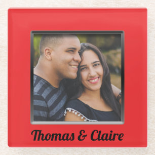 Red Frame Engaged Couple Photo Glass Coaster