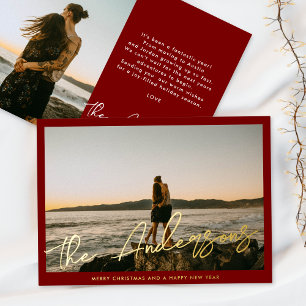 Red Frame Gold Brush Script Family Photo Christmas Foil Holiday Card