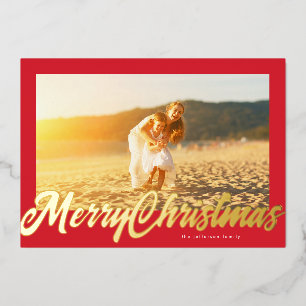 Red Frame & Gold Merry Christmas Photo Foil Holiday Card