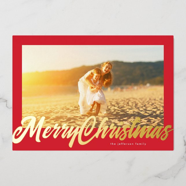 Red Frame & Gold Merry Christmas Photo Foil Holiday Card (Front)