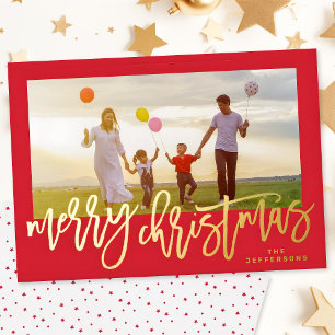 Red Frame & Gold Merry Christmas Photo Foil Holiday Card