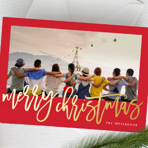 Red Frame & Gold Merry Christmas Photo Foil Holiday Card