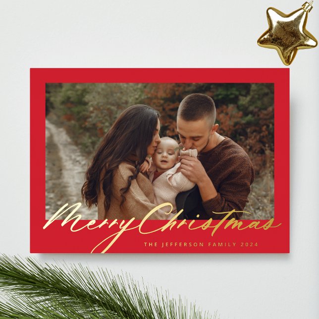 Red Frame & Gold Merry Christmas Photo Foil Holiday Card (Creator Uploaded)