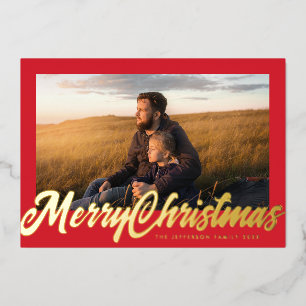 Red Frame & Gold Merry Christmas Photo Foil Holiday Card