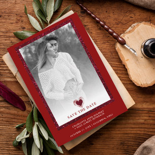 Red Frame Sparkle Minimalist Photo Engaged Heart Save The Date