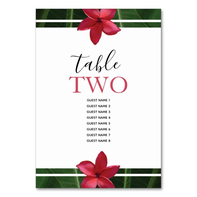 Red Frangipani Plumeria Wedding Guest Names Table Number (Front)