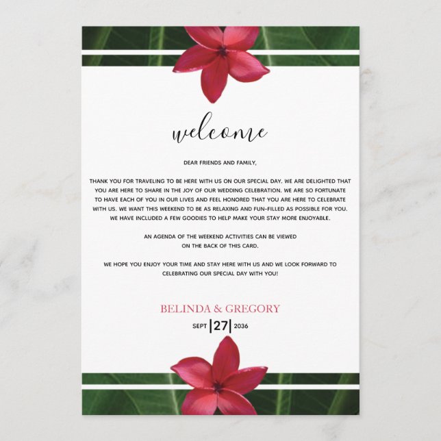 Red Frangipani Plumeria Wedding Welcome Itinerary Program (Front)