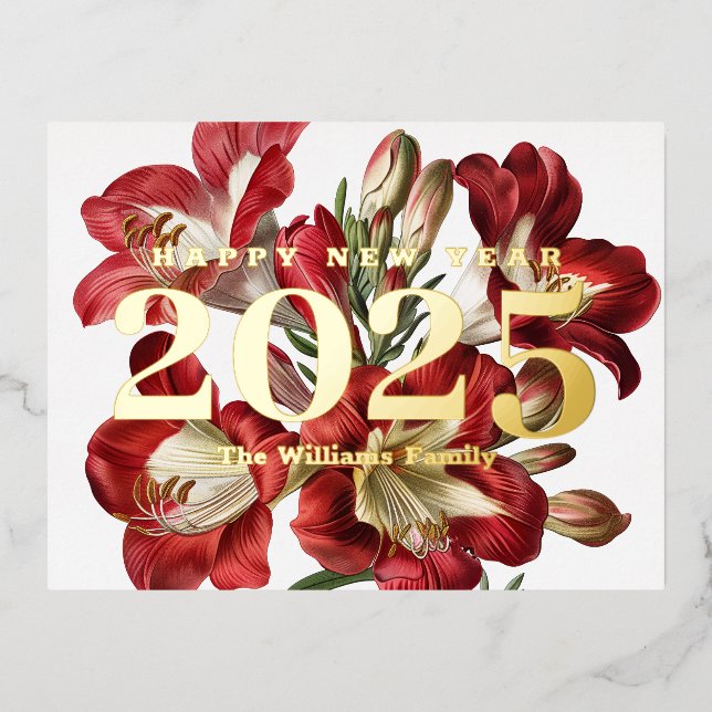 Red Freesia Flower Happy New Year 2025 Gold Foil Holiday Postcard (Front)
