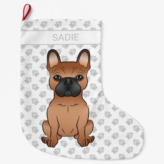 Red French Bulldog / Frenchie Cartoon Dog & Name Large Christmas Stocking (Front)