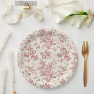 Red French Toile Canvas Floral Paper Plates 