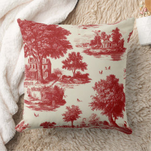 Red French Toile Countryside Pastoral Pattern Cushion