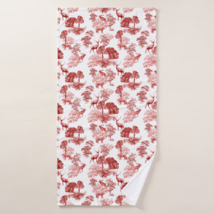 Red French Toile Deer Forest Countryside Bath Towel