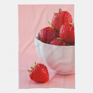 Red Fresh Strawberries In A White Bowl On Pink Tea Towel