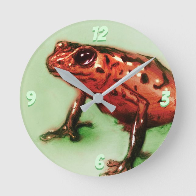 Red Frog Round Clock, Wild Animal Sketch in Green Clock (Front)
