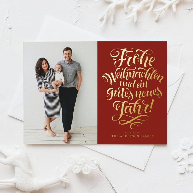 Red Frohe Weihnachten Calligraphy Photo Foil Holiday Card (Creator Uploaded)