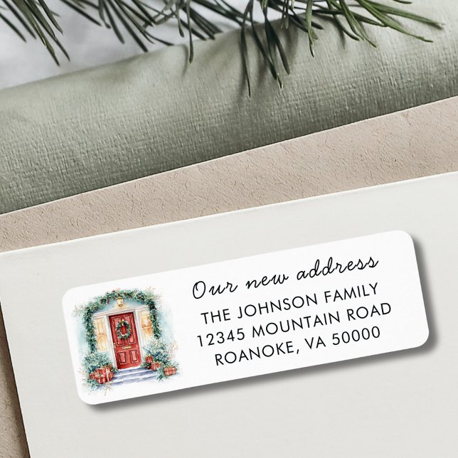 Red Front Door Holiday Moving Return Address Label (Red Front Door New Home Holiday Moving Announcement Return Addreses Label)