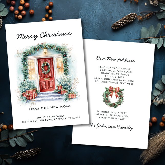 Red Front Door Merry Christmas from New Home Announcement (Red Front Door Merry Christmas from Our New Home Holiday Moving Announcement Flat Card with Envelope)