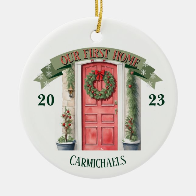 Red Front Door Personalised First Home Christmas Ceramic Ornament (Front)