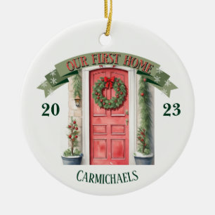 Red Front Door Personalized First Home Christmas Ceramic Ornament