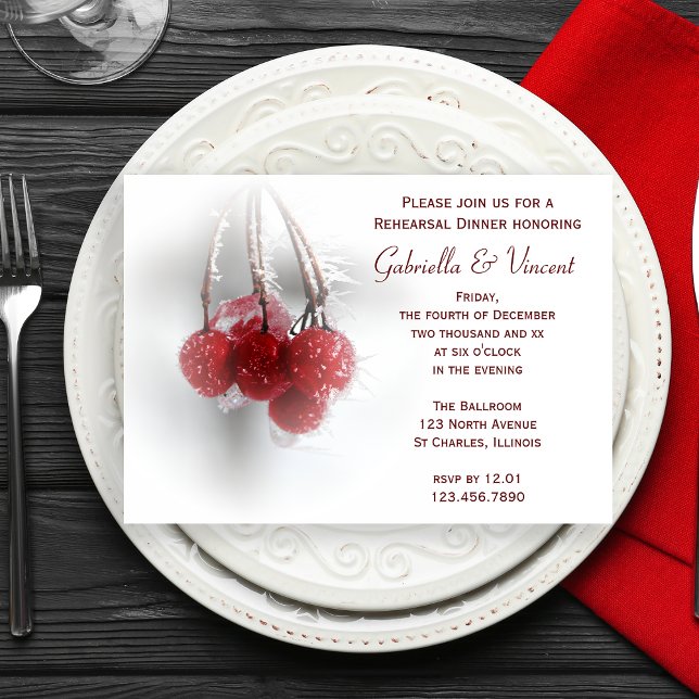 Red Frosty Berries Winter Wedding Rehearsal Dinner Invitation (Creator Uploaded)