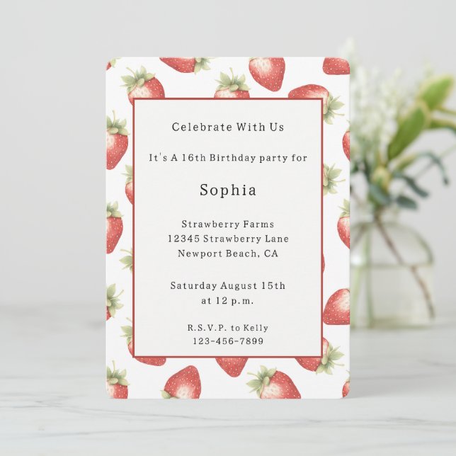 Red Fruit Strawberries Birthday Invitation (Standing Front)