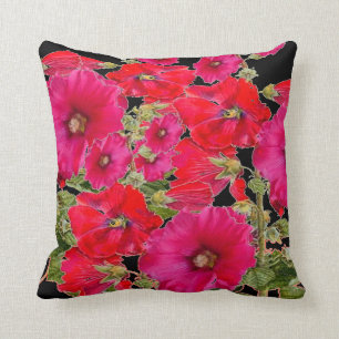 RED & FUCHSIA PINK HOLLYHOCKS BLACK GARDEN ART CUSHION