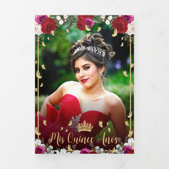 Red Fuchsia Roses Gold Butterflies Quinceañera Tri-Fold Invitation (Cover)