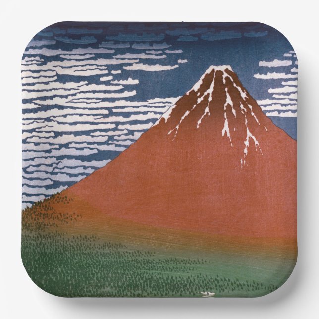 Red Fuji, Aka Fujiyama Volcano Katsushika Hokusai Paper Plate (Front)
