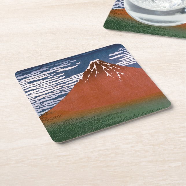 Red Fuji, Aka Fujiyama Volcano Katsushika Hokusai Square Paper Coaster (Angled)