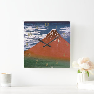 Red Fuji, Aka Fujiyama Volcano Katsushika Hokusai Square Wall Clock
