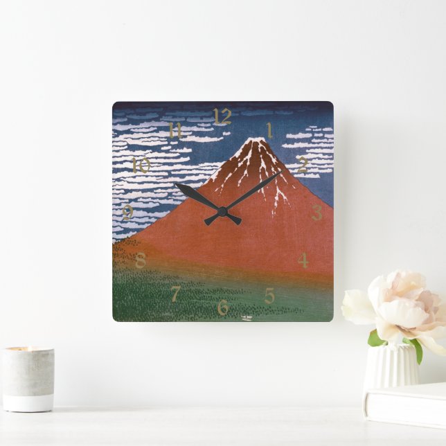 Red Fuji, Aka Fujiyama Volcano Katsushika Hokusai Square Wall Clock (Home)