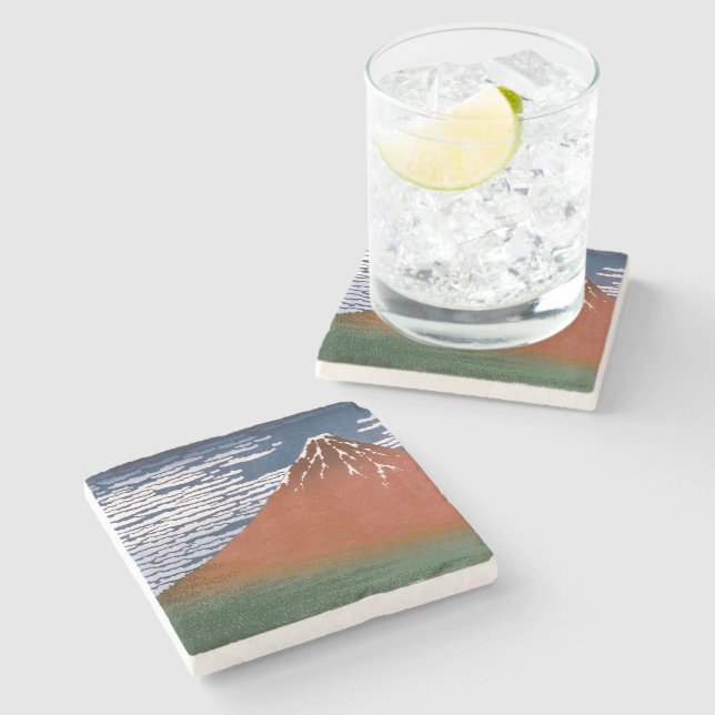 Red Fuji, Aka Fujiyama Volcano Katsushika Hokusai Stone Coaster (Side)