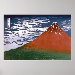 Red Fuji "Fujiyama" Volcano in Japanese Woodcut    Poster