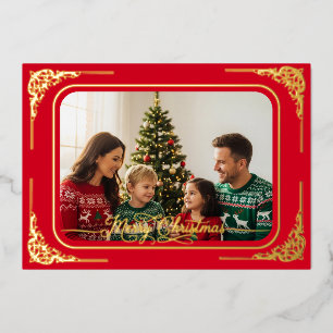 Red Full photo Gold framed Christmas Foil Holiday Card