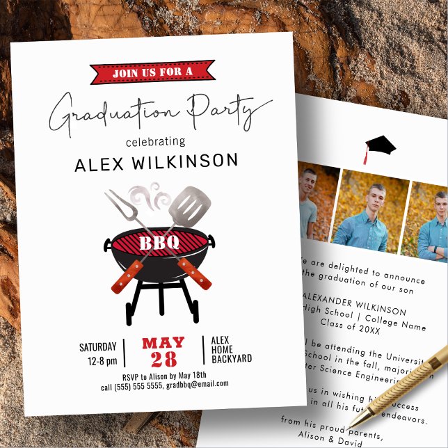 Red Fun Script 3 Photo Simple Graduation BBQ Party Invitation (Creator Uploaded)