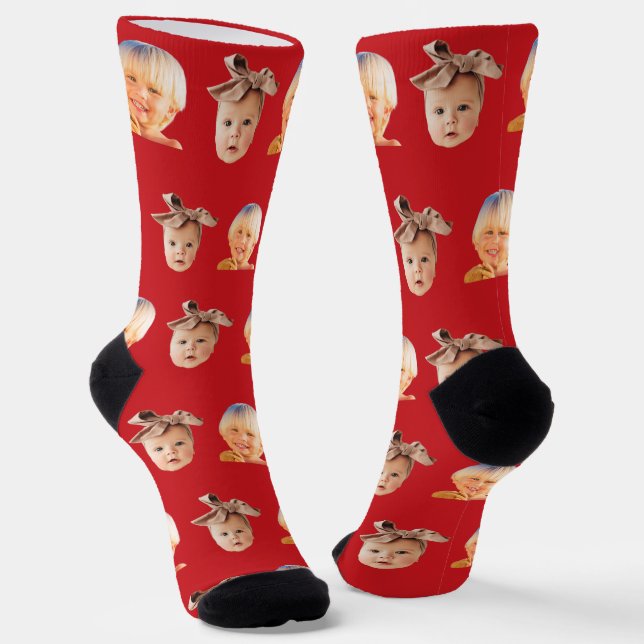 Red Funny Custom 2 Face Photo Dad Socks (Angled)