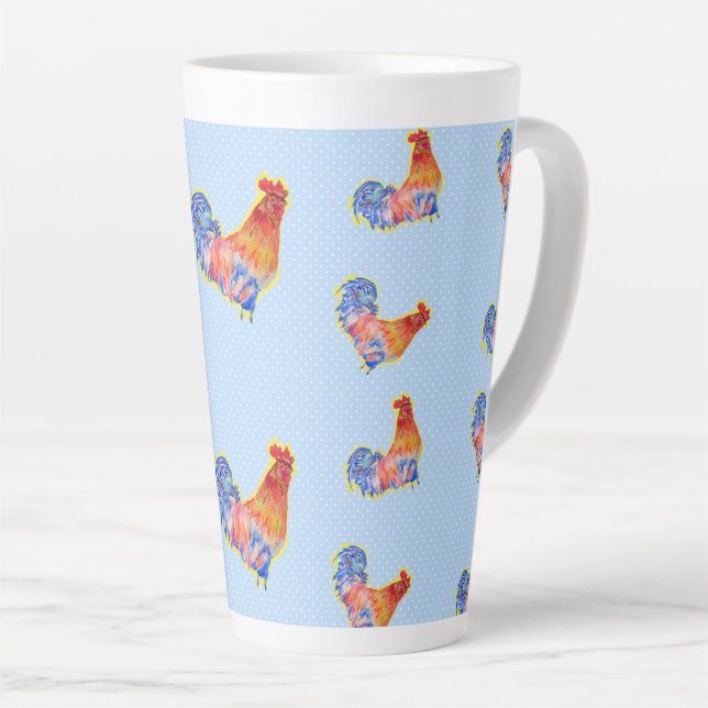 Red Funny Rooster Cockerel Blue and White Spots Co Latte Mug (Right Angle)