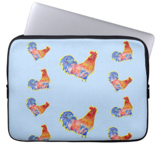 Red Funny Rooster Cockerel Blue and White Spots Laptop Sleeve