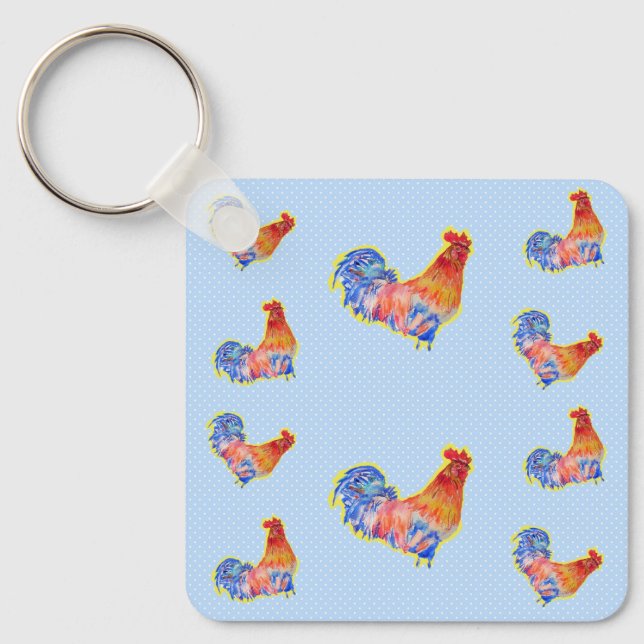 Red Funny Rooster Cockerel Blue and White Spots Tr Key Ring (Front)