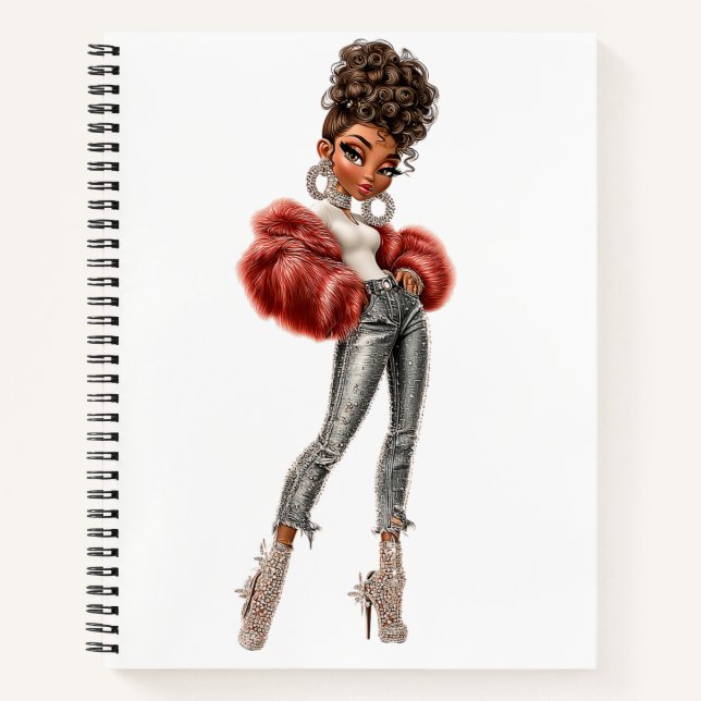 Red Fur Glam Girl Spiral Notebook (Front)